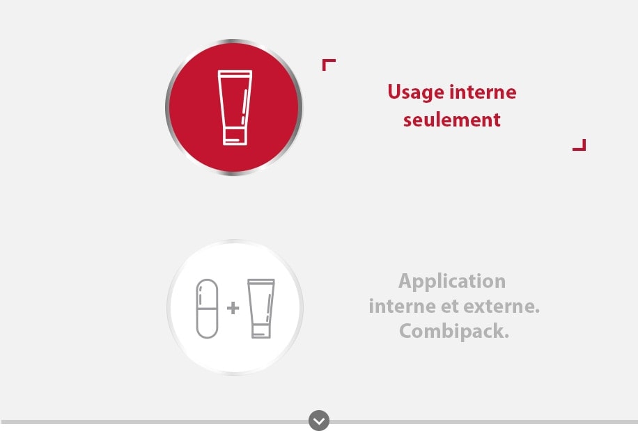 Application interne de Gyno-Canesten® avec l’icône Capsule et Gyno-Canesten® Combipack avec les icônes Capsule et Crème.