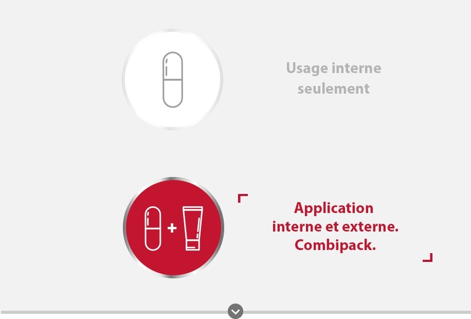 Application interne de Gyno-Canesten® avec l’icône Capsule et Gyno-Canesten® Combipack avec les icônes Capsule et Crème.