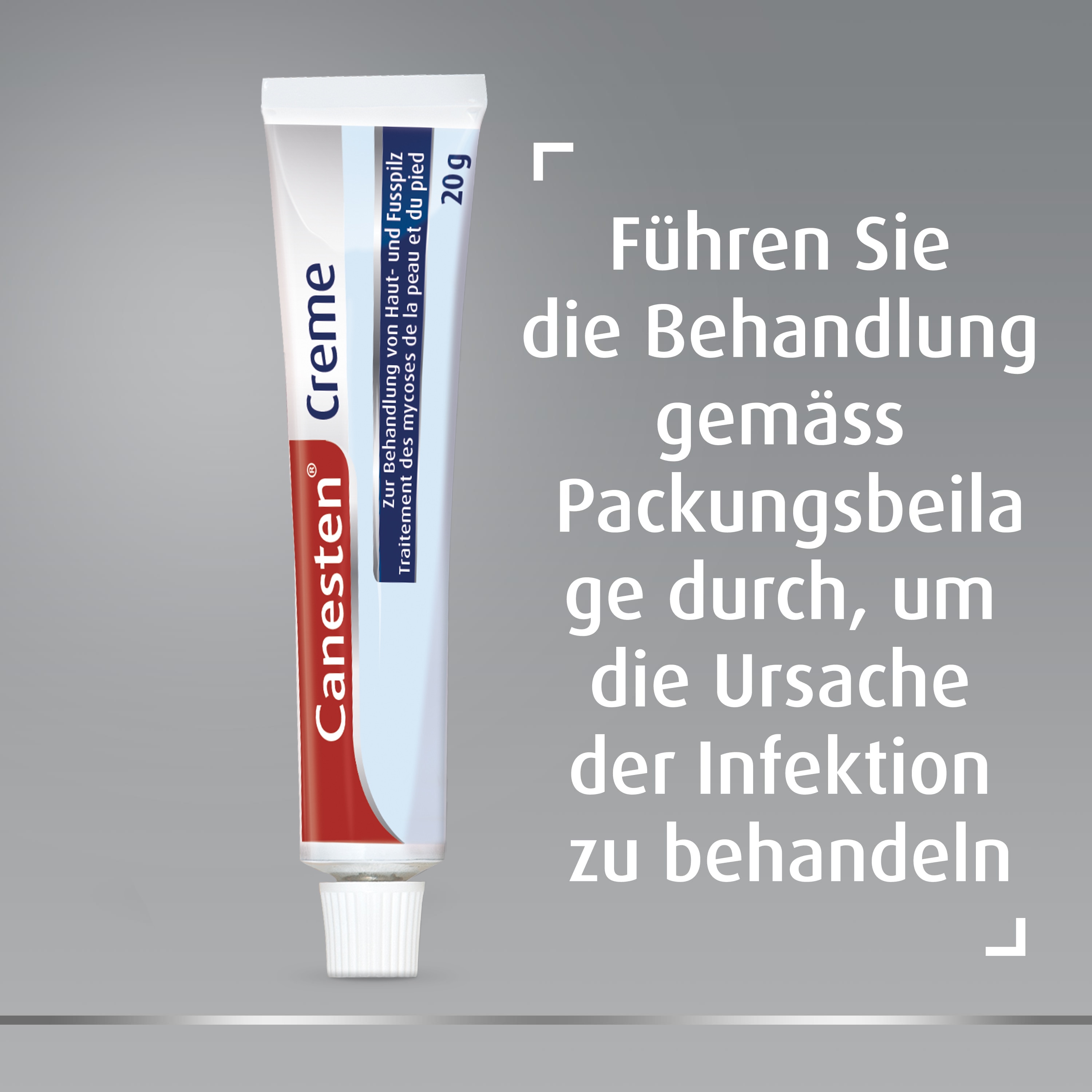 Canesten® Creme mit Plakette oben mit Aufschrift: Führen Sie die Behandlung gemäss Packungsbeilage durch, um die Ursache der Infektion zu behandeln.