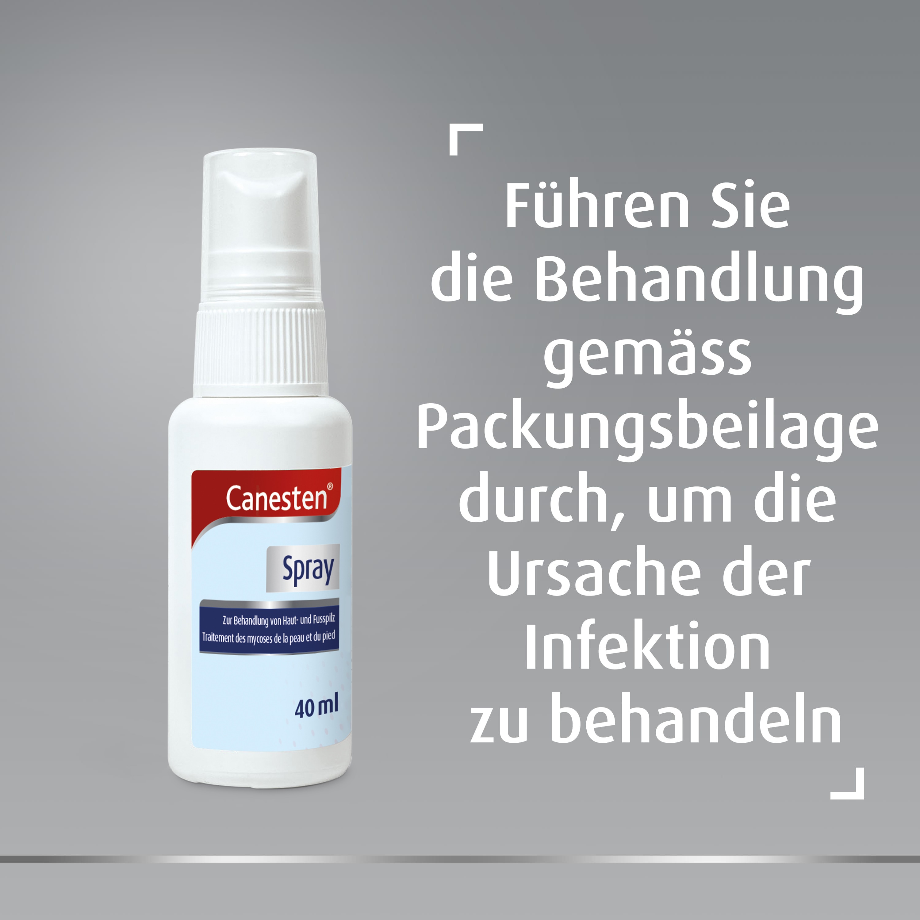 Canesten® Spray mit Plakette oben mit Aufschrift: Führen Sie die Behandlung gemäss Packungsbeilage durch, um die Ursache der Infektion zu behandeln 