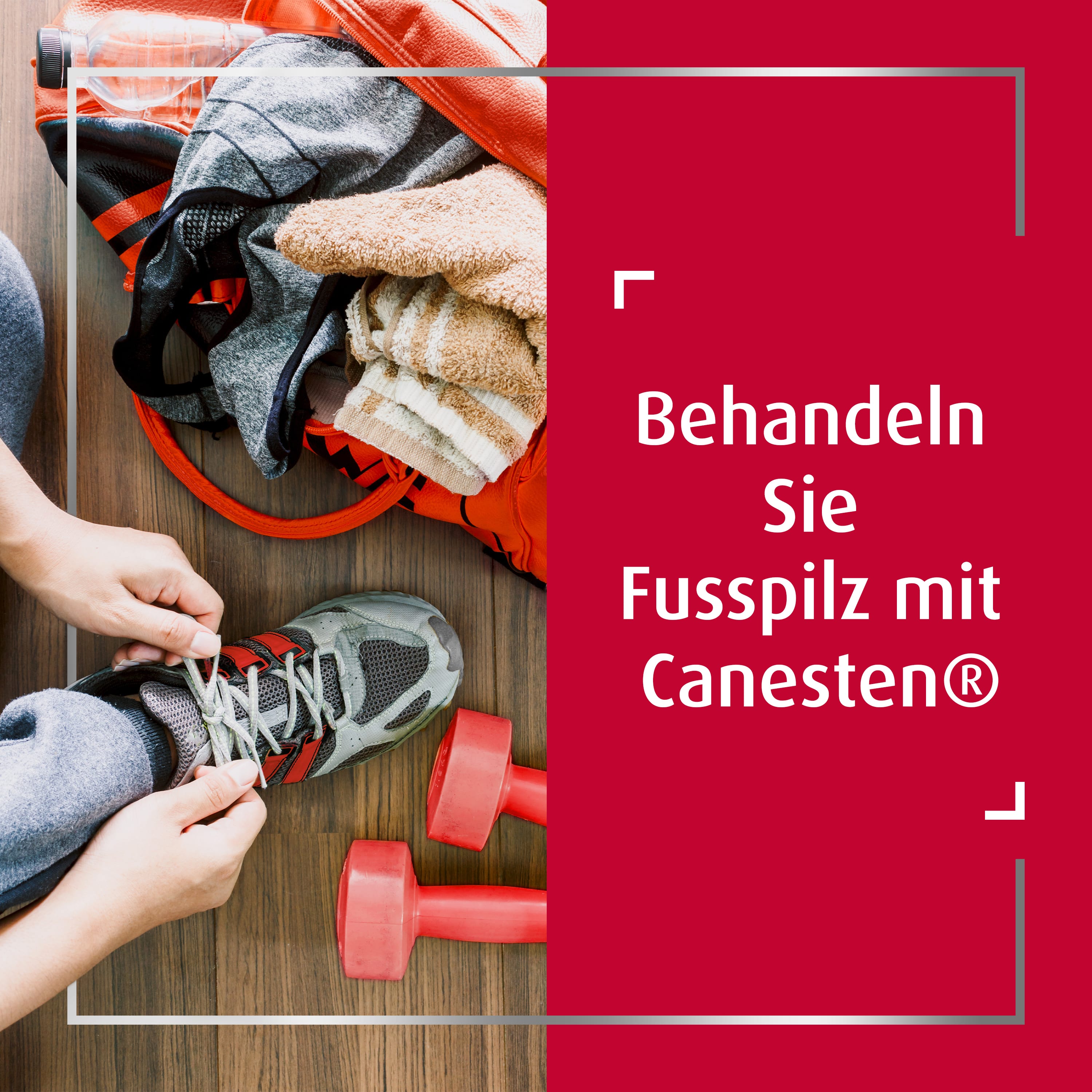 Aktive Person im Fitnessstudio bindet neben am Boden liegenden Hanteln grauen Schuh zu, mit Textzeile rechts: Behandeln Sie Fusspilz mit Canesten®