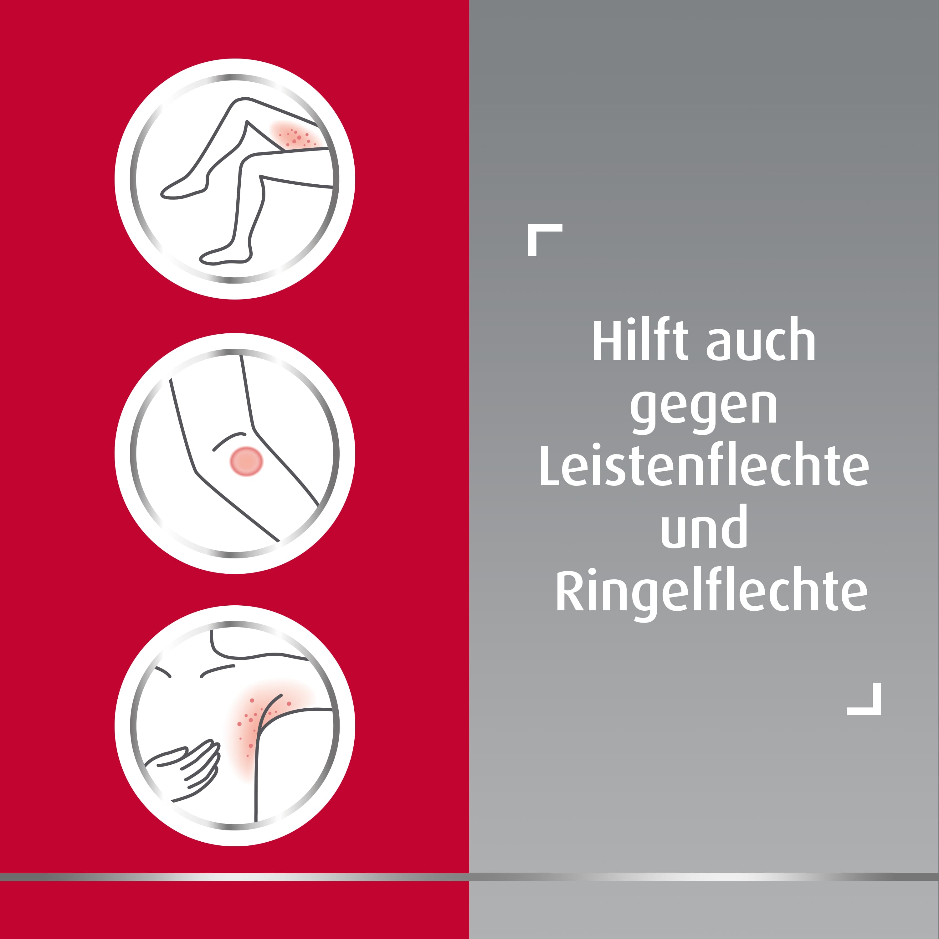  Drei Symbole von juckenden Stellen an Innenseite der Oberschenkel, Ellbogen und Achselhöhle mit Textzeile rechts: Hilft auch gegen Leistenflechte und Ringelflechte